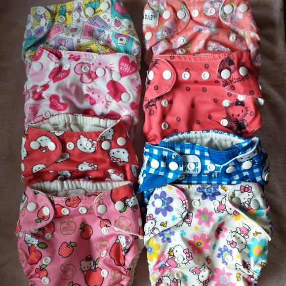 Sunbaby Hello Kitty Sanrio one-size pocket cloth diapers (lot of 8)
